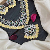 Vriksham Designer Peacock With Lakshmi Coin American Diamond Haram-Green-G20224